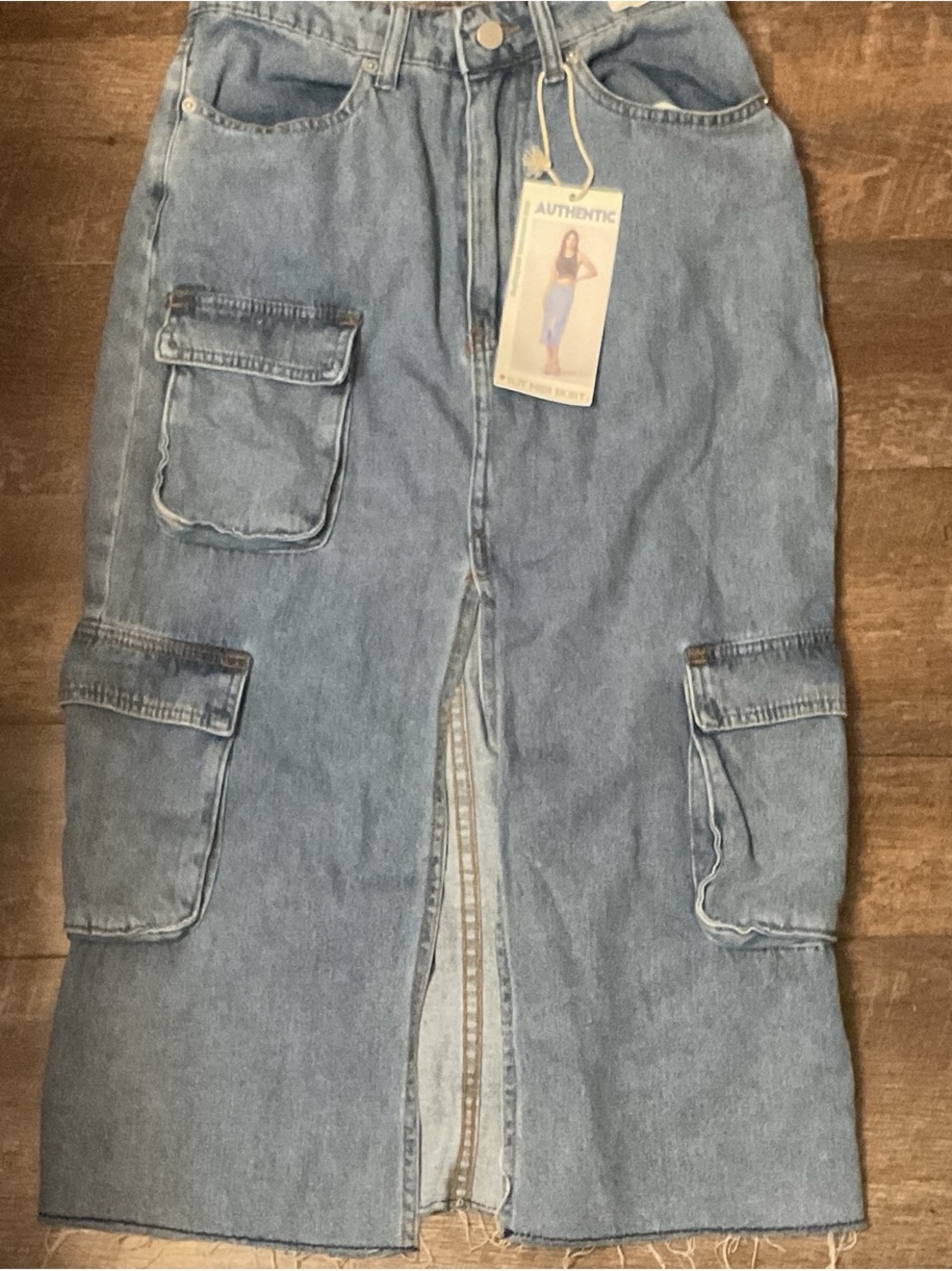 Authentic Denim Cargo Midi Skirt in Light Blue